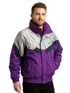 Serac Vintage Ski Snowboard Color Block Purple Gray Navy Jacket Size L